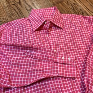 BRULI Swiss Made Men's Pink White Plaid Linen Button‎ Front Shirt Size Large